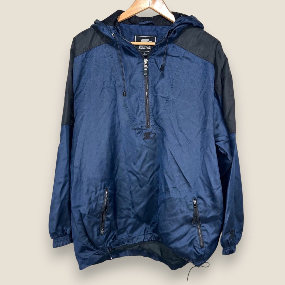 VTG Starter Pullover Jacket Men Large Blue Black Quarter Zip Hooded Windbreaker